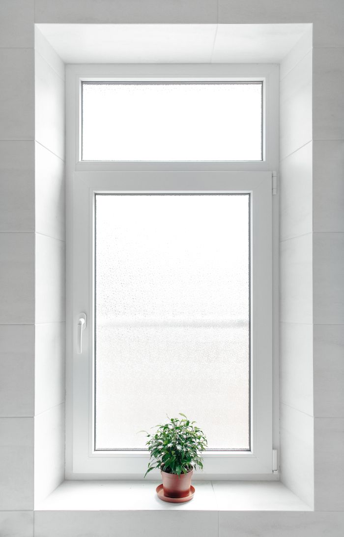 Bright indoor scene with a potted plant on a white window sill, perfect for modern interiors.